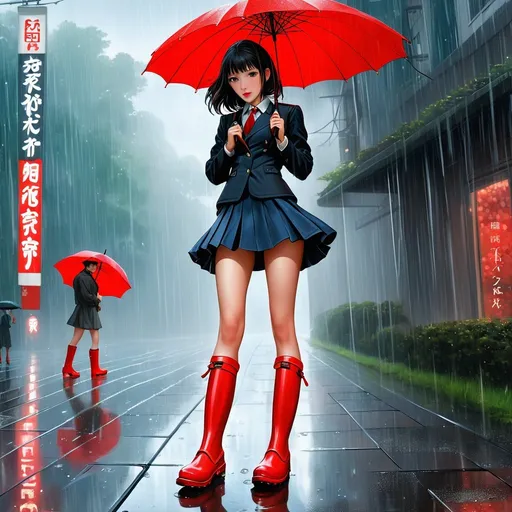 Prompt: Louis Lozowick, Keith Parkinson, Surreal, mysterious, strange, fantastical, fantasy, sci-fi, Japanese anime, rain of memories falls, a beautiful girl in a miniskirt with red rain boots and an umbrella, perfect voluminous body, detailed masterpiece 