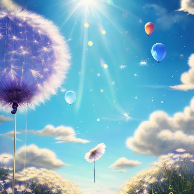 Prompt: Anne Anderson, Mabel Attwell, Maurice Sendak, Tony DiTerlizzi , Surreal, mysterious, bizarre, fantastical, fantasy, Sci-fi, Japanese anime, dandelion fairy beautiful girl, wind-driven sky journey, dandelion balloon, blue sky, clouds, bird's-eye view, hyper detailed masterpiece fine lines depth of field, cinematic lighting 