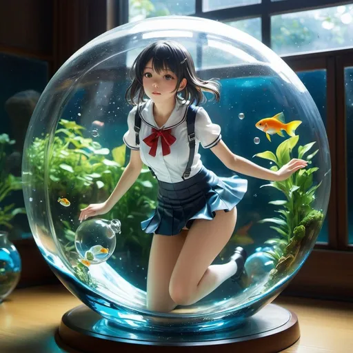 Prompt: Henri Meunier, Yuu Watase, Surreal, mysterious, bizarre, fantastical, fantasy, Sci-fi, Japanese anime, beautiful miniskirt high school girl in a blown glass, perfect voluminous body, diving into liquid glass, terrarium, aquarium, Saturn, detailed masterpiece wet 