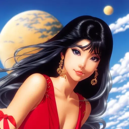 Prompt: Mia Araujo, Naoko Takeuchi, Mysterious, surreal, fantastical, fantasy, Sci-fi, Japanese anime, the great gate of the desert, the overflowing sea, the boat on the waves, the beautiful girl, perfect voluminous body, detailed masterpiece 