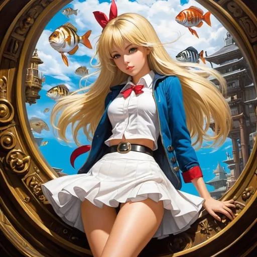 Prompt: Cardwell Higgins, Vaughan Bass, Mahlon Blaine, Surreal, mysterious, strange, fantastical, fantasy, Sci-fi, Japanese anime, inside the calendar, traveling through the week, beautiful blonde miniskirt girl Alice, perfect voluminous body, detailed masterpiece 