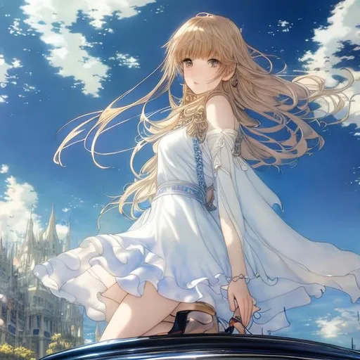 Prompt: Arthur Rackham, Jean Giraud, Walter Crane Anime　wondrous　strange　Whimsical　surreal　fanciful　Sci-Fi Fantasy　Galactic Highway　Light yellow FIAT500 giant Saturn in front　stele々　Miniskirt high school girl posing sitting on the hood　a beauty girl　Wide Angle　hyperdetailed high definition high resolution high quality masterpiece