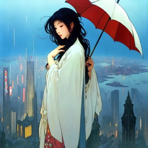 Prompt: Hiroshi Masumura, Alphonse mucha, Surreal, mysterious, bizarre, fantastic, fantasy, sci-fi, Japanese anime, rainy Sunday, the world is dyed in pale blue, a beautiful girl in a miniskirt walks with a red umbrella, perfect body, a sense of tranquility, skyscrapers in the distance, a blue whale swimming slowly in the sky in the foreground Bird's eye view wide angle, detailed masterpiece depth of field cinematic lighting 
