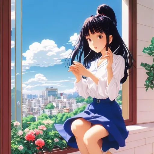 Prompt: Rumiko Takahashi, Minako Narita, hiroshi masumura, Surreal, mysterious, bizarre, fantastical, fantasy, Sci-fi, Japanese anime, miniskirt beautiful high school girl, perfect voluminous body, studying, rocket by the window, floating cat, rings of Saturn, comical, detailed masterpiece 