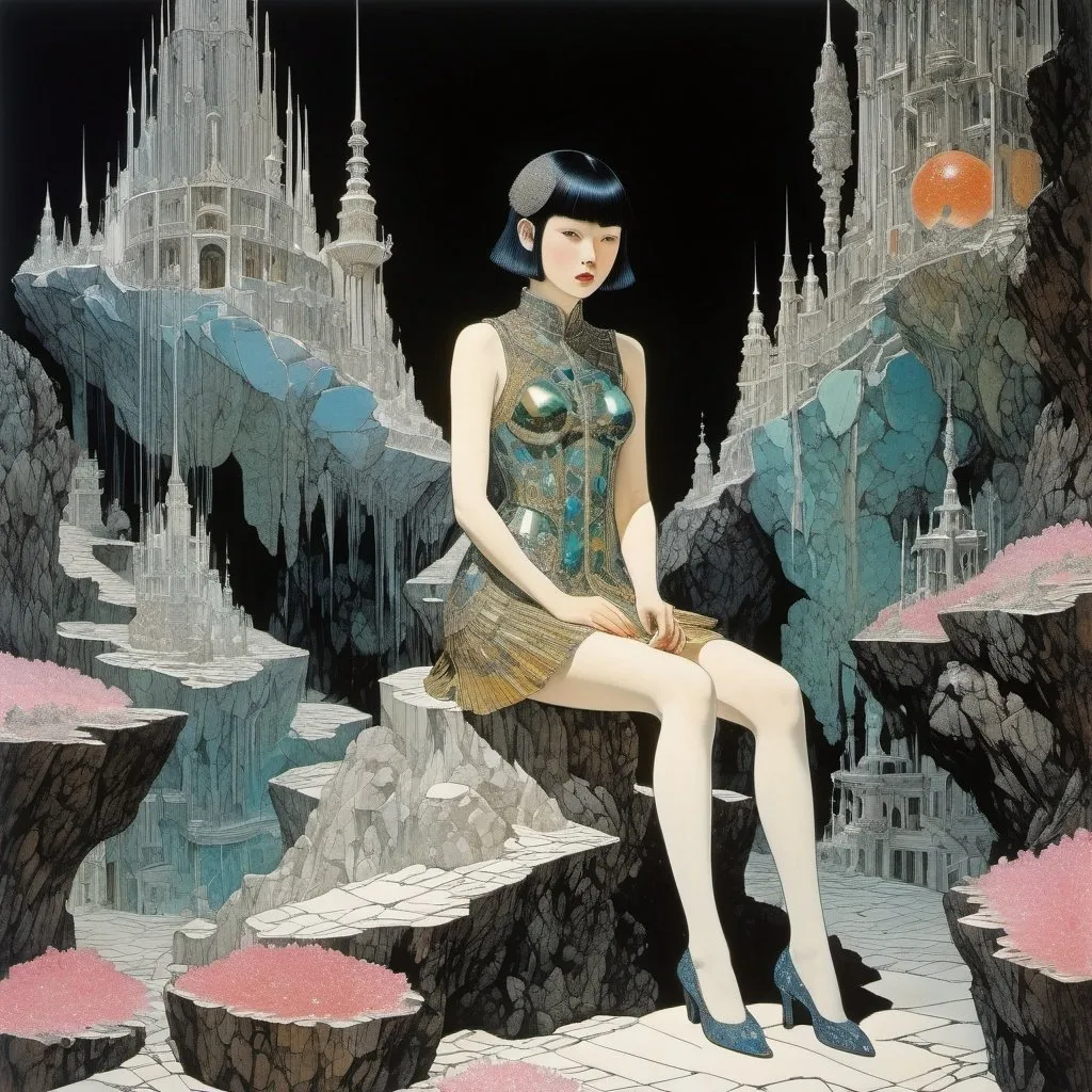 Prompt: Harry Clarke, Shuji Tateishi, Ruth Asawa, Giorgio de Chirico, Sergio Toppi, Surrealism, mysterious, bizarre, fantastical, fantasy, Sci-fi, Japanese anime, mineral design, mineral crystal models, rhodochrosite, molybdenum ore, pyromorphite, miniskirt beautiful high school girl who creates minerals, perfect voluminous body, detailed masterpiece 