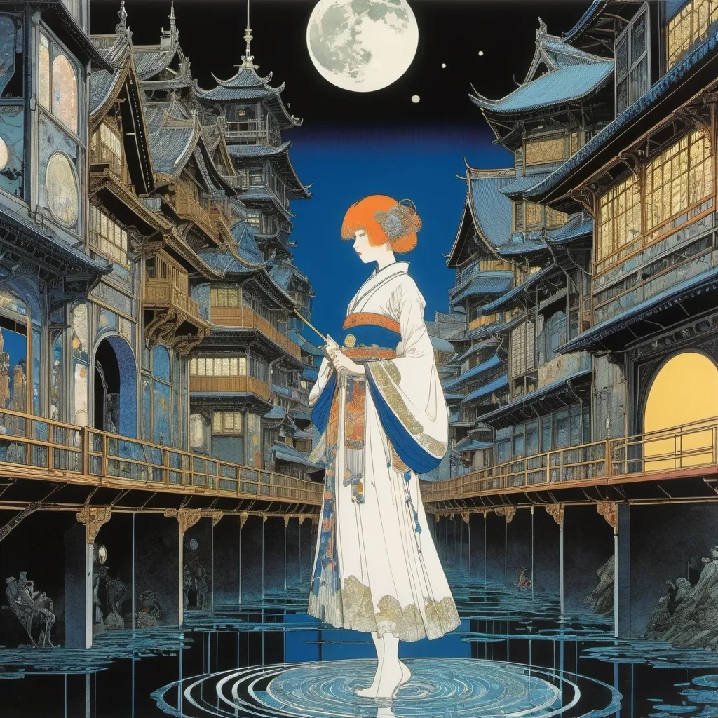 Prompt: Harry Clarke, Yuko Higuchi, George Barbier, Masamune Shirow, Ernst Kreidolf, Surrealism Mysterious Bizarre Fantastic Fantasy Sci-fi, Japanese Anime, From the underground waterway to the back of the moon, City of architectural drawings, Beautiful high school girl, perfect voluminous body, detailed masterpiece