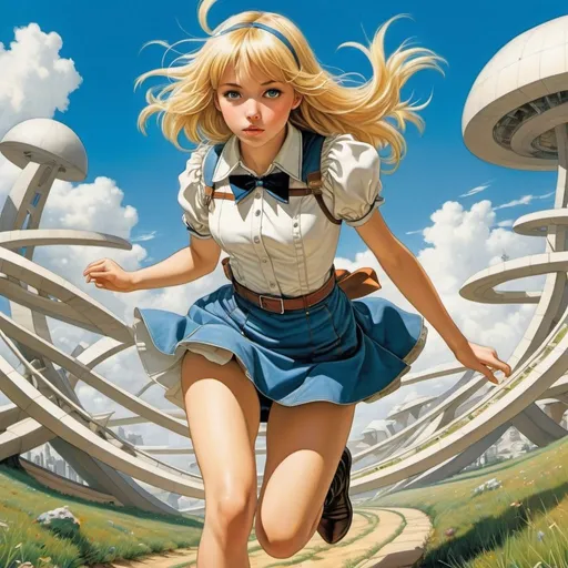 Prompt: Jean-Claude Mezieres, Nicolas De Crecy, Francois Avril, Surreal, mysterious, strange, fantastical, fantasy, Sci-fi, Japanese anime, beautiful blonde miniskirt girl Alice running on a Mobius strip, perfect voluminous body, blueprints, perspective drawings, and cross-sectional views, detailed masterpiece low high angles