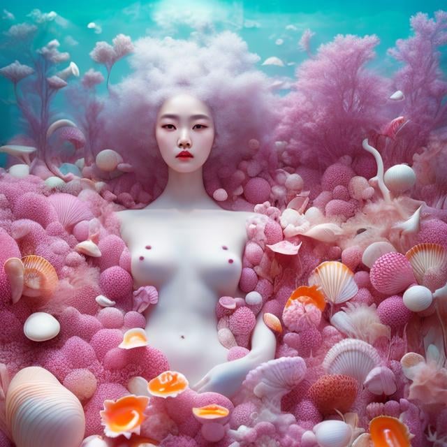 Prompt: JeeYoung Lee, Anne Anderson, Surreal, mysterious, strange, fantastical, fantasy, Sci-fi, Japanese anime, shells of stars, a walk by the seaside with a cat, beautiful perfect voluminous body girl, hyperdetailed detailed masterpiece 