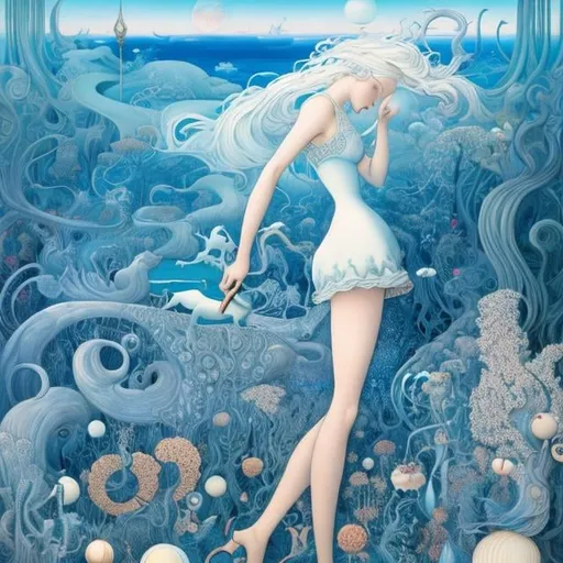 Prompt: Kay Nielsen, James Jean, Surreal, mysterious, bizarre, fantastical, fantasy, Sci-fi, Japanese anime, a transparent giant that breaks through the surface of the earth and rises up. Dreams and daily life, inside and outside, spirit and reality, the adventures of Alice, a beautiful blonde miniskirt girl, detailed masterpiece 