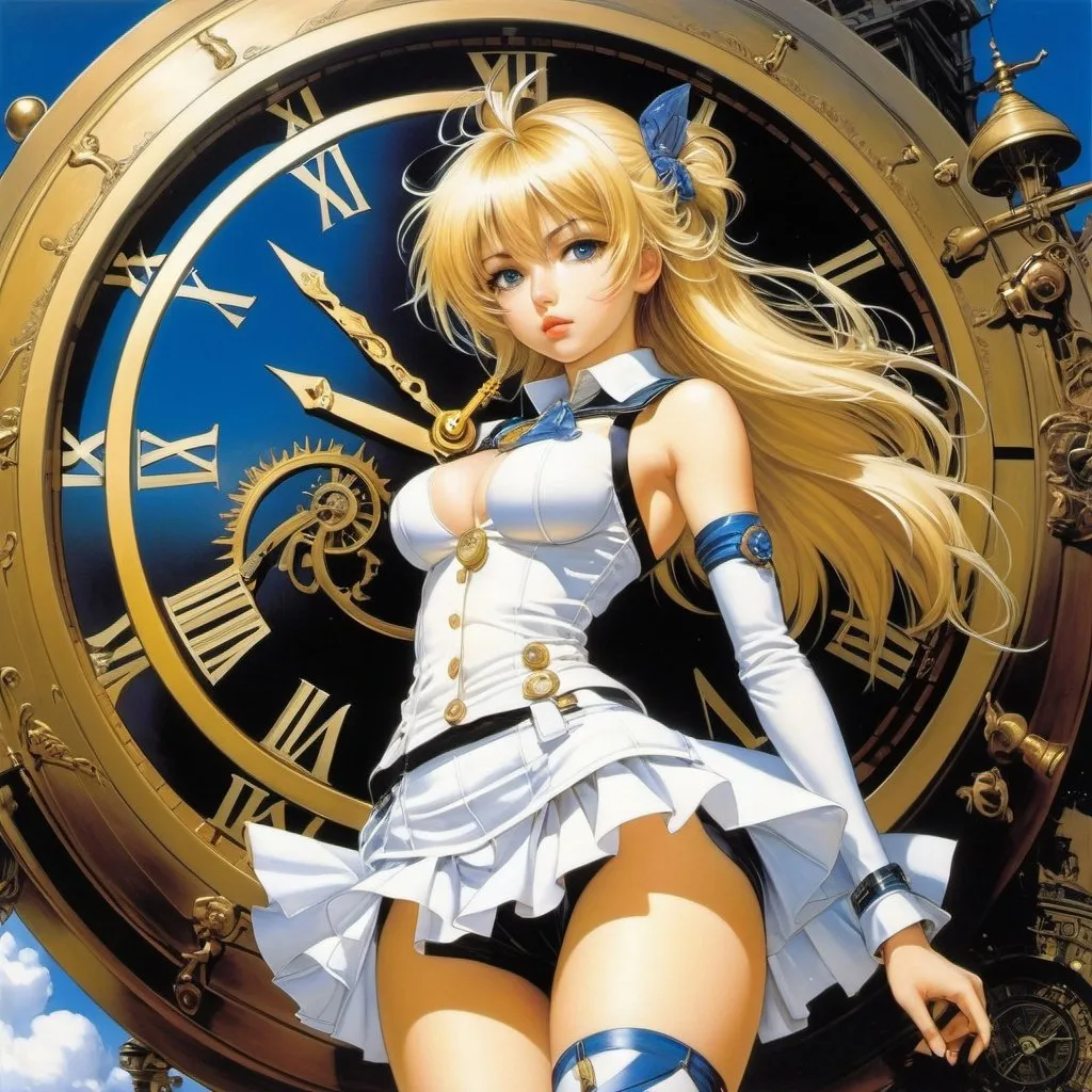 Prompt: Joseph Stella, Masamune Shirow, Surreal, mysterious, strange, fantastical, fantasy, Sci-fi, Japanese anime, clock bird's nest, going back in time, blonde miniskirt beautiful girl Alice, perfect voluminous body, detailed masterpiece 