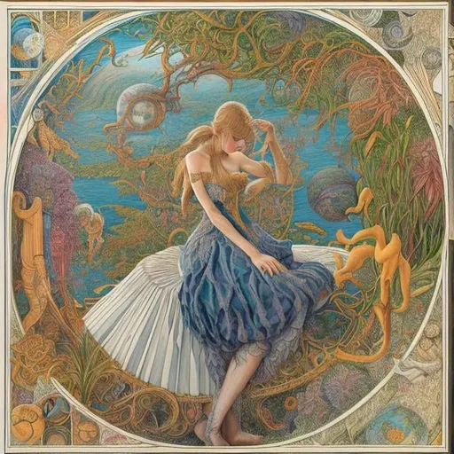 Prompt: Walter Crane, Hannes Bok, m c Escher Colored pencil drawing　surreal　wondrous　strange　Whimsical　fanciful　Sci-Fi Fantasy　Girl and Sphere　Dream of Three-Dimensional Development Diagram　leaves falling　Perspective view　The three-point method of distance and proximity　architectural Solo girl, hyperdetailed high resolution high quality high definition masterpiece 
