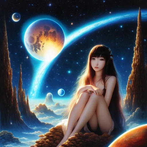 Prompt: Futaba Aoi, Frank Brunner, Surreal, mysterious, bizarre, fantastical, fantasy, Sci-fi, Japanese anime, glass dome lunar astronomical observation laboratory, radio telescope, nebula, cosmic rainbow, galaxy, beautiful girl observing space, perfect voluminous body, detailed masterpiece 