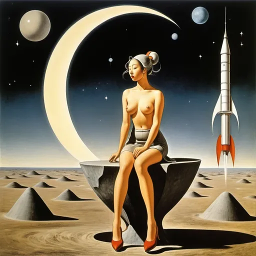 Prompt: Giorgio de Chirico, Remedios Varo, Heath Robinson, Hermann Huppen, Takeo Takei, Surrealism Mysterious Weird Fantastic Fantasy Sci-Fi, Japanese Anime, Miniskirt Beautiful Philosopher Sitting on the Moon, perfect voluminous body, Meditation Object, Rocket, detailed masterpiece 