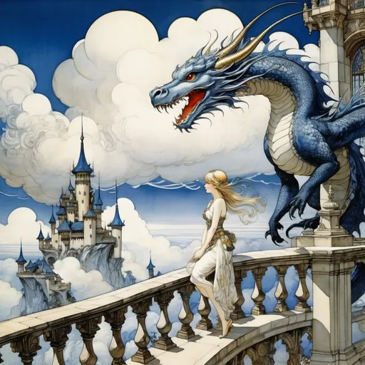 Prompt: Arthur Rackham, Kay Nielsen, Charles Robinson, Surreal, mysterious, strange, fantastical, fantasy, Sci-fi, Japanese anime, beautiful princess in a miniskirt stroking the head of a pet dragon, perfect body, castle balcony, blue sky, cumulonimbus clouds, detailed masterpiece wide angles perspectives 