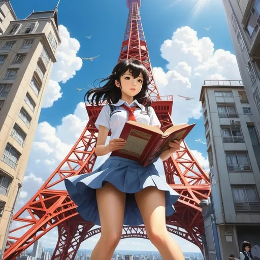 Prompt: Yuji Kanazawa, Emma Ríos, Boris Dekhterev, Kiyoko Arai, Laura Pérez Vernetti, Surrealism Mysterious Weird Fantastic Fantasy Sci-Fi, Japanese Anime, Tokyo Tower, Human Powered Airplane, Miniskirt Beautiful High School Girl Reading, perfect voluminous body, detailed masterpiece 