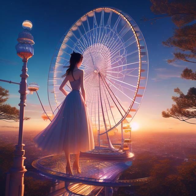 Prompt: HELEN BROUGH, Akira Amano, Surreal, mysterious, strange, fantastical, fantasy, Sci-fi, Japanese anime, wirework Ferris wheel, beautiful girl walking in the air, perfect body, moon at dawn, detailed masterpiece cinematic lighting perspectives bird’s eye view
