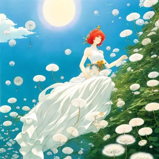 Prompt: Heath Robinson, Naoko Takeuchi, Mysterious, strange, surreal, bizarre, fantasy, Sci-fi, Japanese anime, dandelion parachute of the sun, Alice, a beautiful blonde miniskirt girl slowly descending, perfect voluminous body, huge tree, detailed masterpiece 