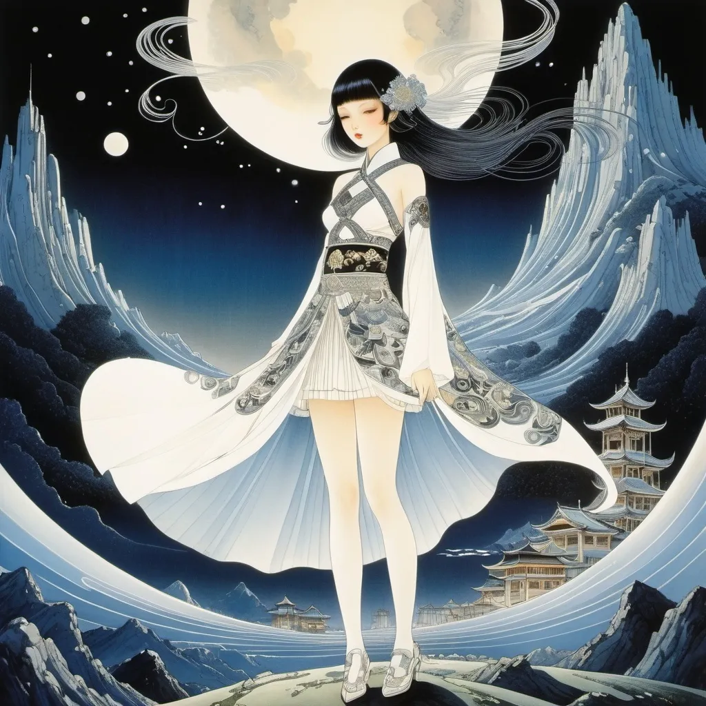 Prompt: Kay Nielsen, Olga Siemaszko, Kiichi Okamoto, Yuu Watase, Tatjana Mawrina, Surrealism Mysterious Weird Fantastic Fantasy Sci-Fi, Japanese Anime, Empire of Tea Miniskirt Beautiful Lady, perfect voluminous body, Adventure Travel in books, detailed masterpiece 