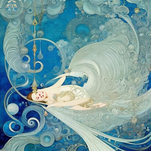 Prompt: Kay Nielsen, Sulamith Wülfing　animesque　wondrous　strange　Whimsical　surreal　Sci-fi Fantasy Girl Sleeps in Satellite Orbit