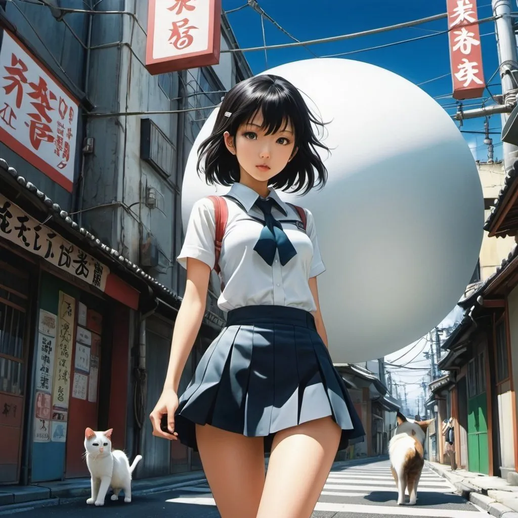 Prompt: Kenji Tsuruta, Lily Hoshino, Surreal, mysterious, strange, fantastical, fantasy, Sci-fi, Japanese anime, street corner at the end of the world, from here on out is another world, miniskirt beautiful girl on the border, perfect voluminous body, sphere and cat, detailed masterpiece 