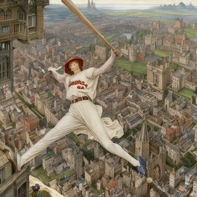 Prompt: Eleanor Fortescue-Brickdale, Anton Pieck, animesque　surreal　fanciful　wondrous　strange　Whimsical　Sci-Fi Fantasy　Of the Baseball　A town where people fall from the sky　Rescue team hitting it back with a bat