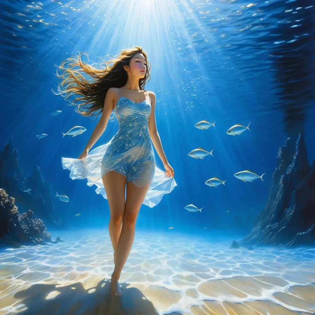 Prompt: Takako Hirai, Mark Tansey, Surreal, mysterious, strange, fantastical, fantasy, Sci-fi, Japanese anime, walking under the sea, beautiful girl, long hair swaying underwater, several streaks of light shining from the sea surface, detailed masterpiece 