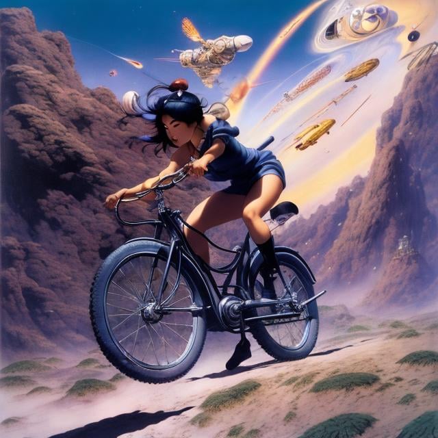 Prompt: Hans Bellmer, Hiromu Arakawa, Frank Frazetta, Surreal, mysterious, strange, fantastic, fantasy, Sci-fi, Japanese anime, asteroid belt, miniskirt beautiful high school girl's bicycle trip, perfect voluminous body, chasing the comet, detailed Masterpiece dynamic action poses 