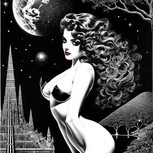 Prompt: Virgil Finlay Full colours, Loui Jover, Surreal, mysterious, strange, fantastical, fantasy, Sci-fi fantasy, anime, Giant of Rhodes, temple, miniskirt beautiful high school girl, perfect voluminous body, adventure, detailed masterpiece 