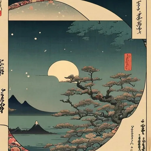 Prompt: Ukiyo-e style　animesque　wondrous　strange　Whimsical　Sci-Fi Fantasy　Moon sinking to the bottom of the cup　a bar counter　adult lady