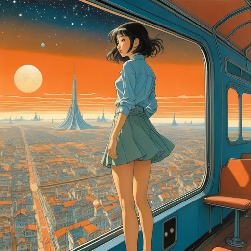 Prompt: François Schuiten, George Victor Du Noyer, Patrick Swift, Chiho Saito, Chris Riddell, Surrealism, wonder, strange, bizarre, fantasy, Sci-fi, Japanese anime, tram to Mars, unexplored map, falling stars, beautiful high school girl in miniskirt, perfect voluminous body, detailed masterpiece 