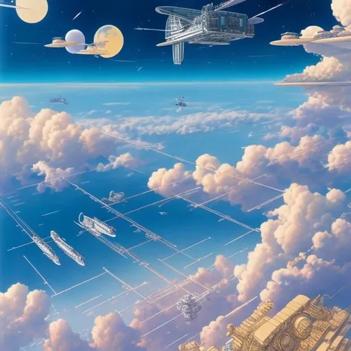 Prompt: Katsuhiro Otomo, Mabel Attwell, François Schuiten, surreal, mysterious, bizarre, fantastical, fantasy, sci-fi, Japanese anime, Tokyo sky full of spaceships, thunderclouds, girl looking up, bird's eye view, detailed masterpiece 