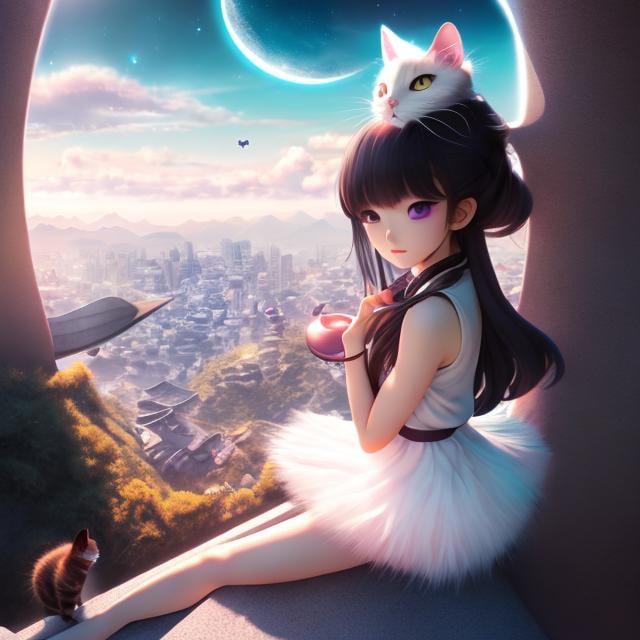 Prompt: Paul Vera, Komako Sakai, Surreal, mysterious, strange, fantastical, fantasy, Sci-fi, Japanese anime, Midnight adventure on the roof, crescent moon, human-powered airplane, miniskirt beautiful girl and cat, detailed masterpiece 