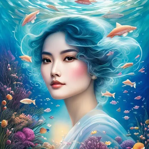 Prompt: Margaret Tarrant, TRAN NGUYEN, Sulamith Wülfing, Florence Harrison, Japanese anime, girl swimming in ocean of time, stars at the bottom of sea, celestial model, going back to tomorrow, surreal wonder strange bizarre sci-fi fantasy, hyperdetailed high RE high definition high quality masterpiece