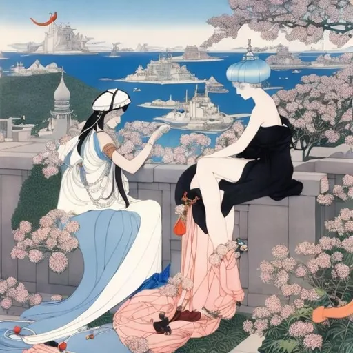 Prompt: Heath Robinson, George Barbier, Surreal, mysterious, strange, fantastical, fantasy, Sci-fi, Japanese anime, world cataloging project, exploration, voyage, discovery, the land of beautiful high school girls in miniskirts, perfect body tourism, detailed masterpiece 