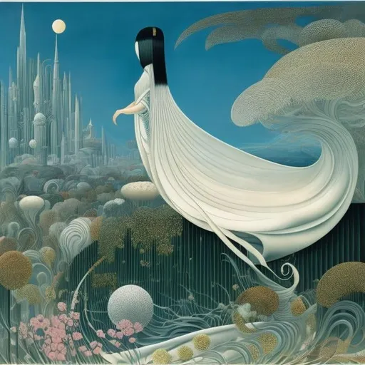 Prompt: Kay Nielsen, Giorgio de Chirico, Surreal, mysterious, strange, fantastical, fantasy, Sci-fi, Japanese anime, city in a cocoon, falling light, miniskirt beautiful high school girl, perfect voluminous body, detailed masterpiece 