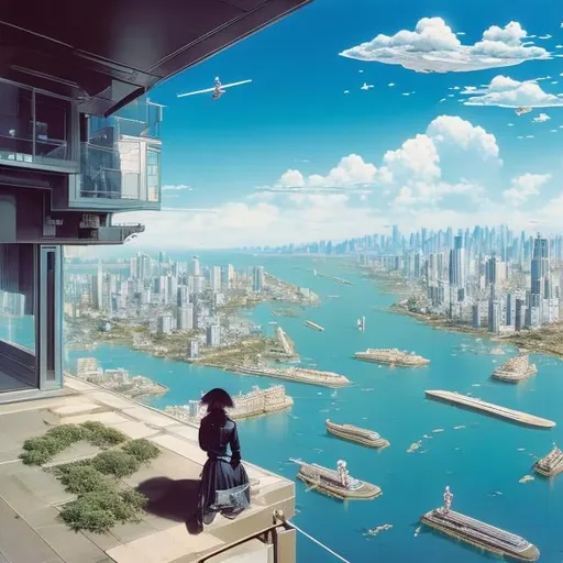 Prompt: Masamune Shirow, Katsuhiro Otomo, Hiroshi Masumur, James Jean, Surreal, mysterious, strange, fantastical, fantasy, sci-fi, Japanese anime, a small flying boat about to land on a helipad on the roof of a skyscraper, a beautiful girl in a miniskirt standing at the edge of the helipad looking up at the flying boat, bird's eye view, hyper detailed masterpiece high resolution definition quality, depth of field cinematic lighting 