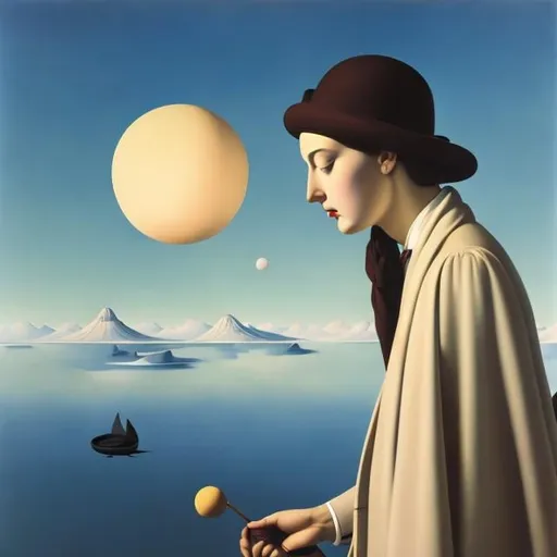 Prompt: Sulamith Wülfing, René Magritte, Surreal, mysterious, strange, fantastical, fantasy, girl perfect voluminous body, Sci-fi, Japanese anime, Star Bazaar, Waltz on board, Swiss watch, avant-garde, collector of words, detailed masterpiece depth of field cinematic lighting, resolution definition quality 