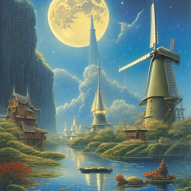 Prompt: Ron Walotsky, Anton Pieck, Japanese Anime, Mysterious Bizarre Sci-Fi Fantasy, Keeping the Moon in an Aquarium, Miniskirt High School Girl, Windmill, Printing Machine, hyperdetailed high resolution high definition high quality masterpiece