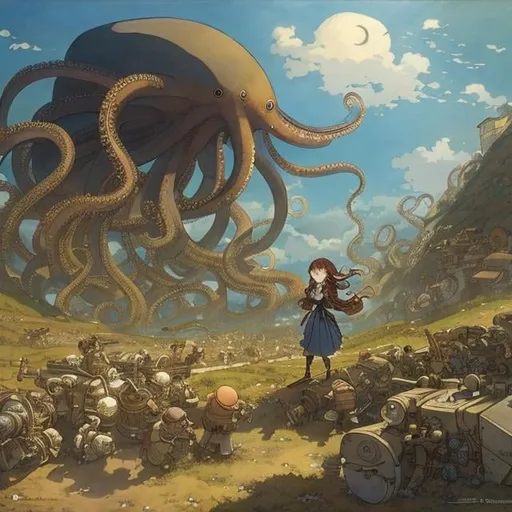 Prompt: Anton Pieck　animesque　wondrous　strange　Whimsical　Sci-Fi Fantasy　Cyborg miniskirt schoolgirl　Giant octopus　battle