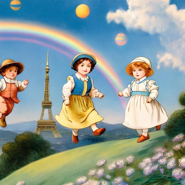 Prompt: Mabel Attwell, Kate Greenaway, Anne Anderson, Margaret Tarrant, Beatrix Potter Sci-Fi Fantasy Hand-cranked Spring Rocket Boys and Girls Play Rocket Flying Blue Sky Clouds Rainbow Moon Tokyo Tower detailed resolution definition high quality masterpiece 