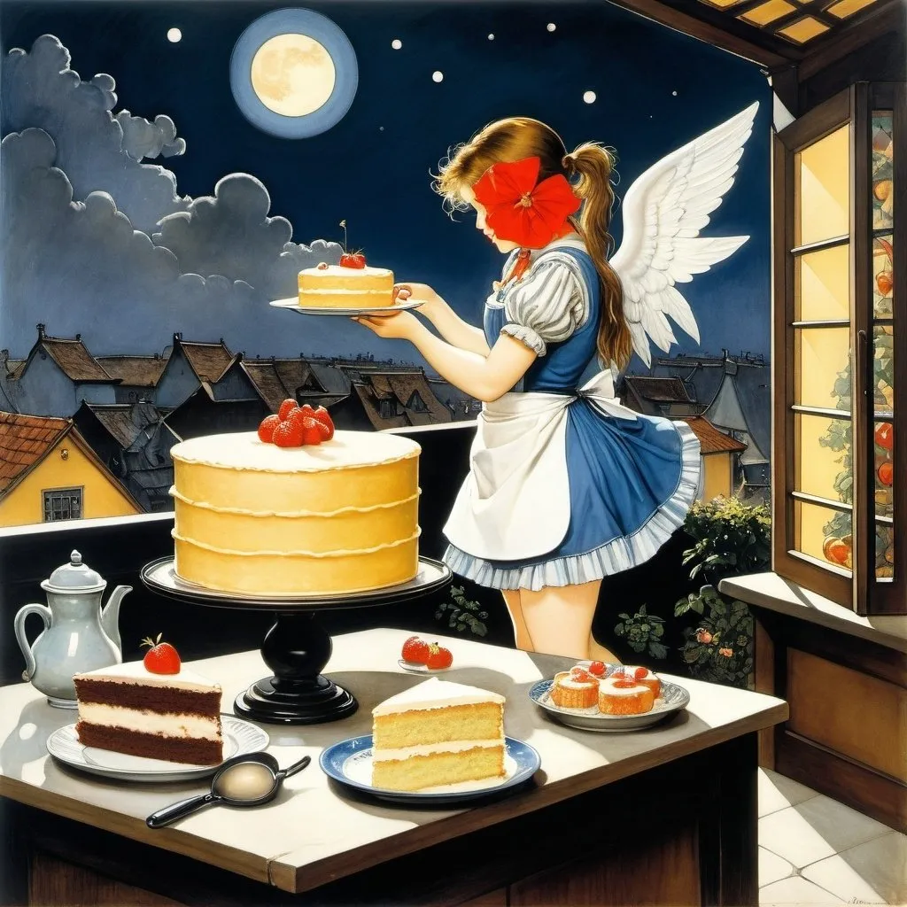 Prompt: Arthur Rackham, Fernando Botero, Jacobo Borges, Margaret Tempest, Kiichi Okamoto, Surrealism, strange, bizarre, fantastical, fantasy, sci-fi, Japanese anime, beautiful girl in a miniskirt apron baking a cake by collecting the light of the crescent moon with a lens, perfect voluminous body, the kitchen on the roof, cupids waiting for the cake to bake, detailed masterpiece 