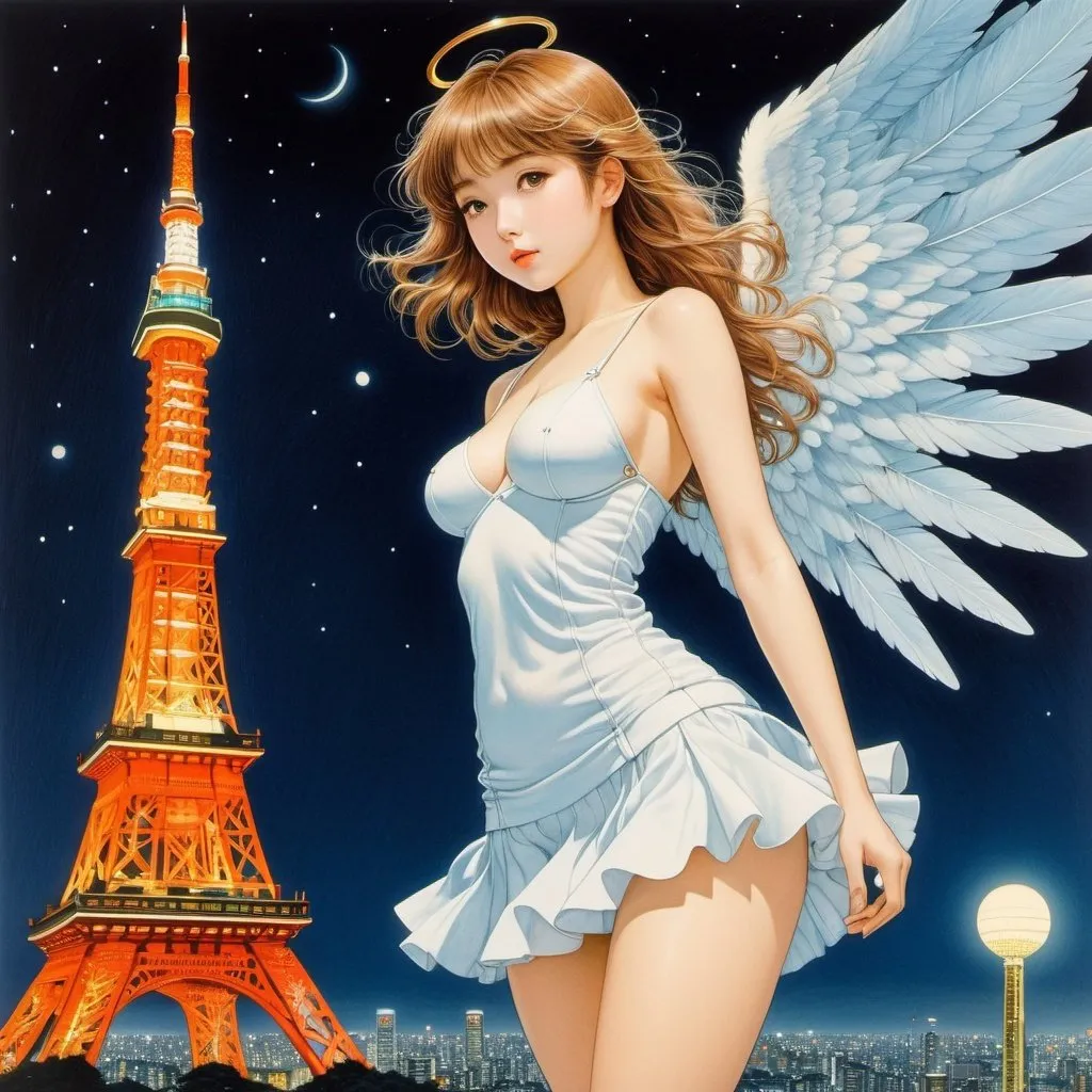 Prompt: Richard Doyle, Hasui Kawase, Surreal, mysterious, strange, fantastical, fantasy, Sci-fi, Japanese anime, miniskirt beautiful angel at night in Tokyo, perfect voluminous body, Tokyo Tower light up, detailed masterpiece 