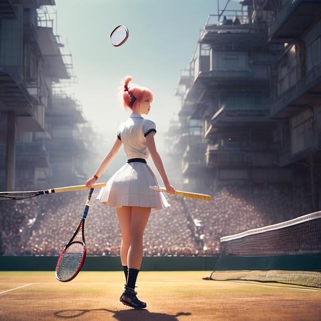 Prompt: Takeo Takei, Ken Bald, Heath Robinson, Surreal, mysterious, strange, fantastical, fantasy, Sci-fi, Japanese anime, beautiful blonde miniskirt girl Alice enjoying tennis, perfect body, dynamism, Alice wins and the audience goes wild, hyper detailed masterpiece high resolution definition quality, depth of field cinematic lighting colour drawing