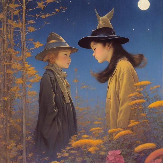 Prompt: Hiroshi Masumura, Jessie Willcox Smith, Maurice Sendak, surreal, mysterious, strange, bizarre, fantasy, Sci-fi fantastic, Japanese anime, age of integration, consciousness, philosophy, religion, science, creativity, extraterrestrial civilization, past life, future life, parallel life, multidimensional self, time and space, perfect voluminous body miniskirt girl, detailed masterpiece 