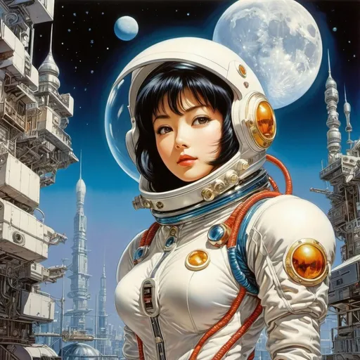 Prompt: Jason Gamber, Paul Orban full colours, Naoko Takeuchi, Richard Roland Holst, Rafael DeSoto, Surrealism, strange, bizarre, fantastical, fantasy, Sci-fi, Japanese anime, homogeneous polycrystalline body, moon shell, city scenery, beautiful girl in a space suit, detailed masterpiece mechanical 