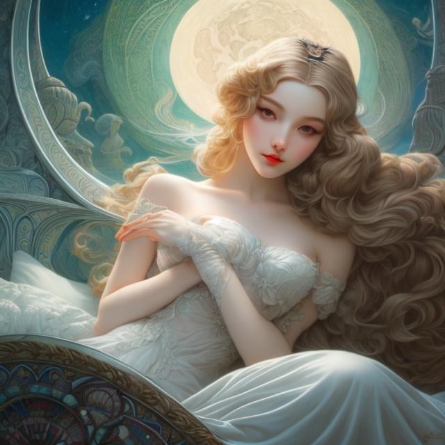 Prompt: Élisabeth Sonrel, James Jean, Walter Crane, Kelly Freas, Japanese Anime Surreal Mysterious Weird Fantastic Sci-Fi Fantasy,  Crescent Moon Floating Above the Bed, solo beautiful girl, perfect voluminous body, hyper detailed, realistic, high resolution high definition high quality masterpiece