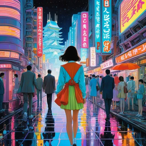 Prompt: Daisukerichard, Jean Giraud, Surreal, mysterious, bizarre, fantastic, fantasy, sci-fi, Japanese anime, Tokyo cruise, dreams are floating, under the expressionless sky, getting lost and being swallowed up, Tokyo cruise, dreams are melting, in the colored neon city, we stare at each other and comfort each other, summer The night breeze permeates my bod, The dreams of that day are far away in back of my mind, like a fossil, beautiful high school girl in a miniskirt, perfect bidy, detailed masterpiece 