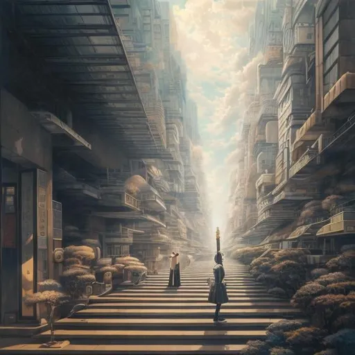 Prompt: Satoshi Urushihara, George Grosz, Surreal, mysterious, strange, fantastical, fantasy, Sci-fi, Japanese anime, piano stairs, beautiful blonde miniskirt girl Alice, perfect voluminous body, notes climbing in the sky, detailed masterpiece bird’s eye views