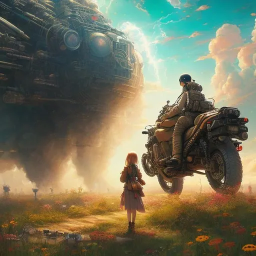 Prompt: Katsuhiro Otomo, Yelena Polenova Surreal Mysterious Weird Fantastic Fantasy Sci-fi Fantasy Anime Doomsday Picnic Motorcycle Beautiful Girl Bottle Planet, hyper detailed masterpiece, depth of field cinematic lightning 