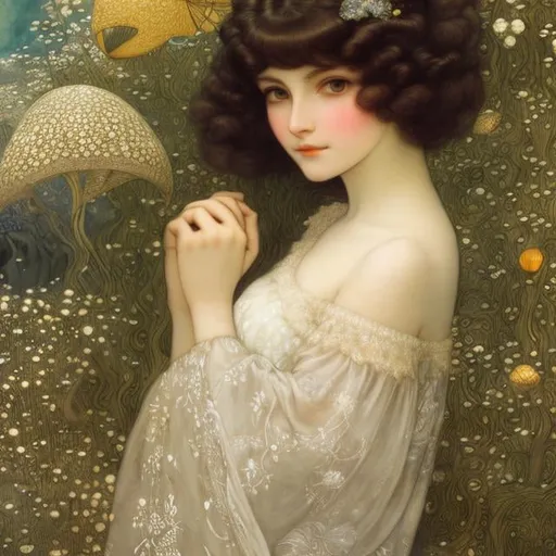 Prompt: Kate Greenaway, Klimt, Arthur Rackham, Richard Dadd, Japanese Anime, Giant Seashell, solo girl, voluminous perfect body, scanty clothes, sweet innocent young beautiful face, Morse Communicator,  Kunstkammer, Microcosmos, Planetary Gear, detailed high resolution high definition high quality masterpiece 